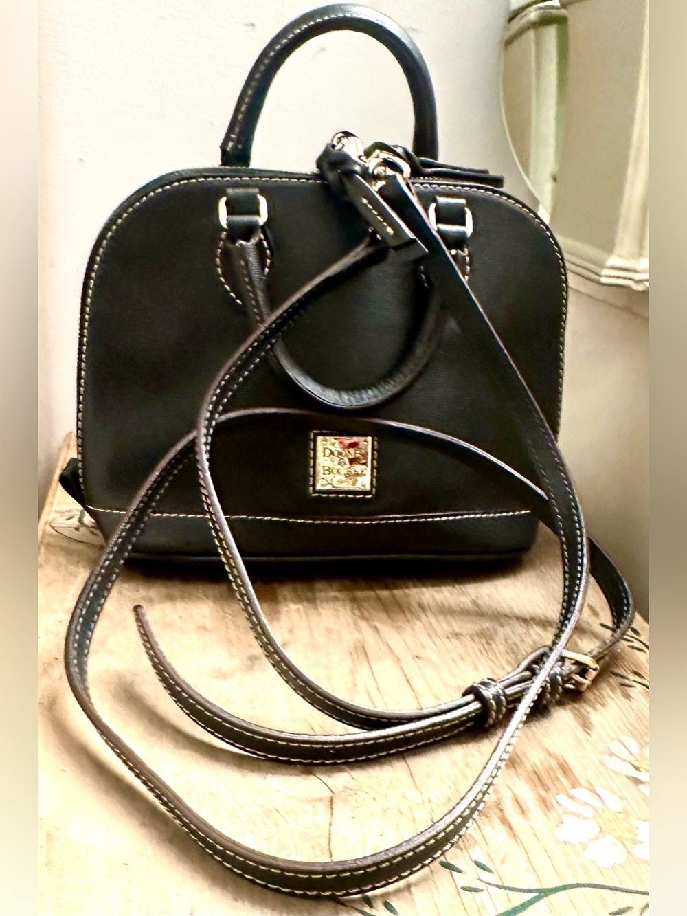 Dooney & Bourke Black Leather Dome Satchel with Crossbody Strap